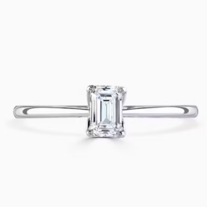 Emerald cut Laboratory Grown Diamond set in platinum with 4 claw setting.